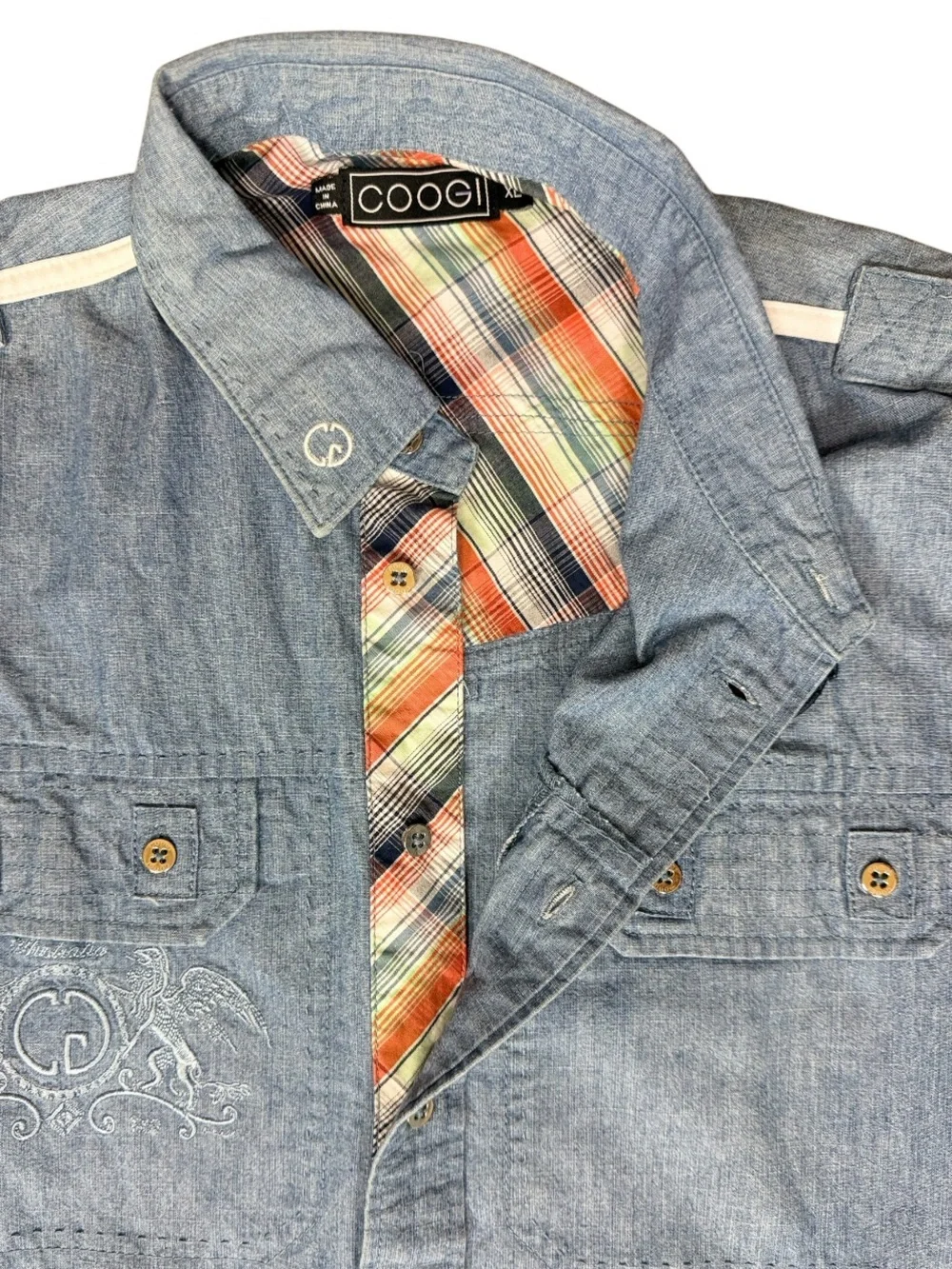COOGI Australia Men's Chambray Short Sleeve Button Up Camp Shirt